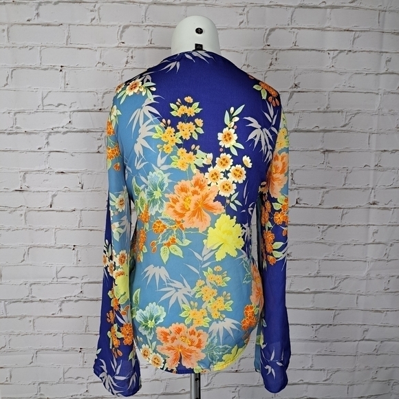 Guess Floral V-Neck Blouse - Blue and Yellow - Picture 6 of 10